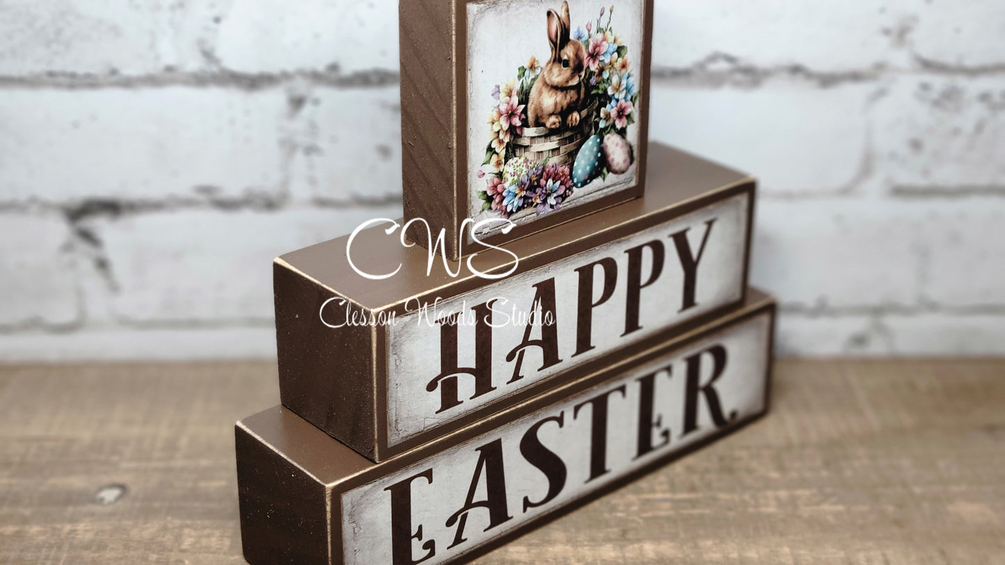 Happy Easter Hello Spring Reversible Spring Brown Wood Block Stack