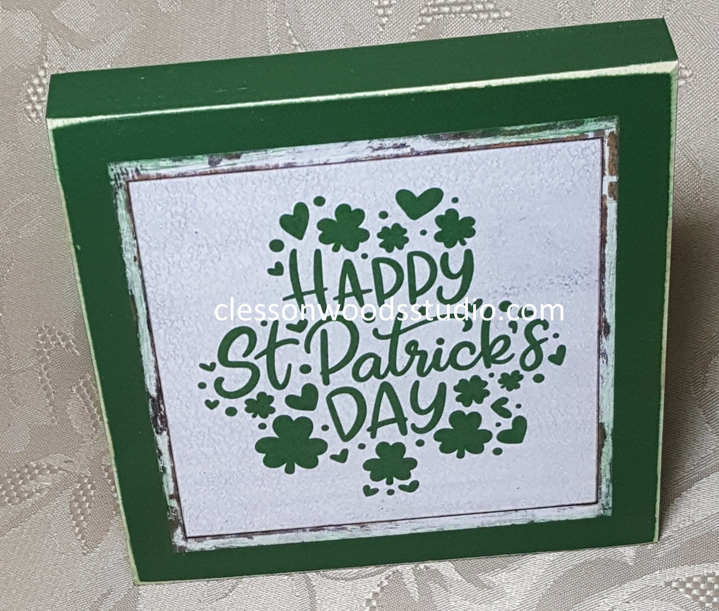 Happy St Patrick's Day Shamrock Square Wood Sign