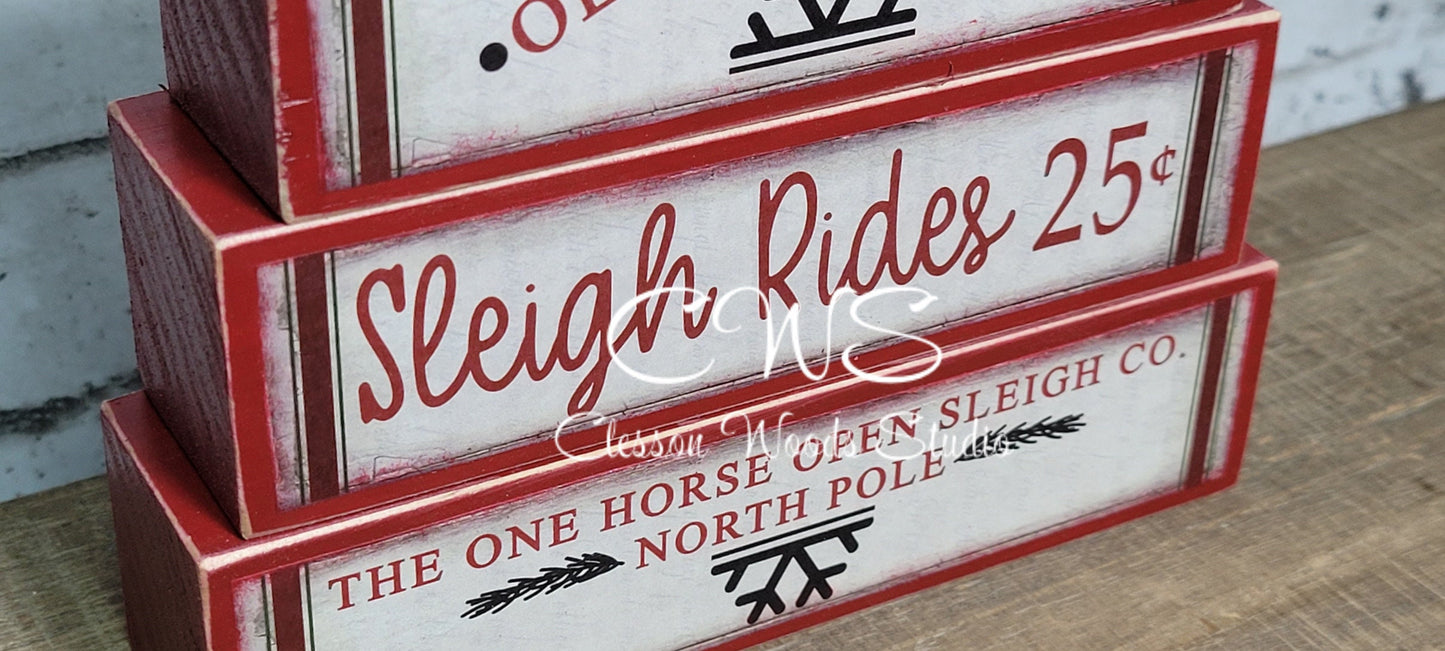 Old Fashioned Sleigh Rides 25 Cents Red Wood Block Stack