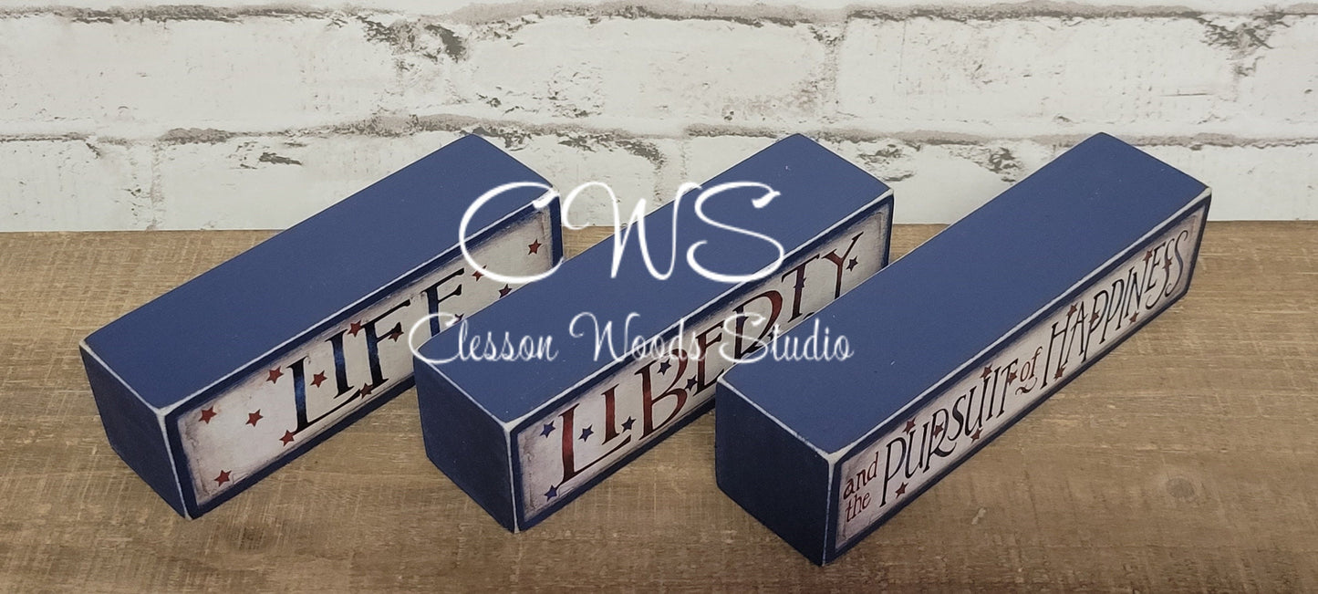 Life Liberty and the Pursuit of Happiness Blue Wood Block Stack