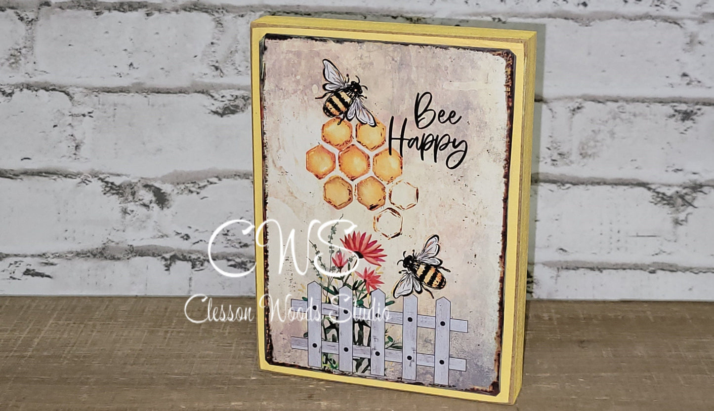 Bee Happy Sunflower and Bees Wood Sign