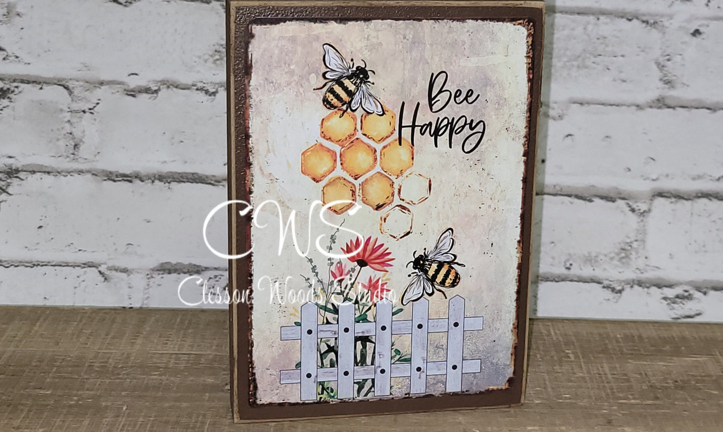 Bee Happy Sunflower and Bees Wood Sign