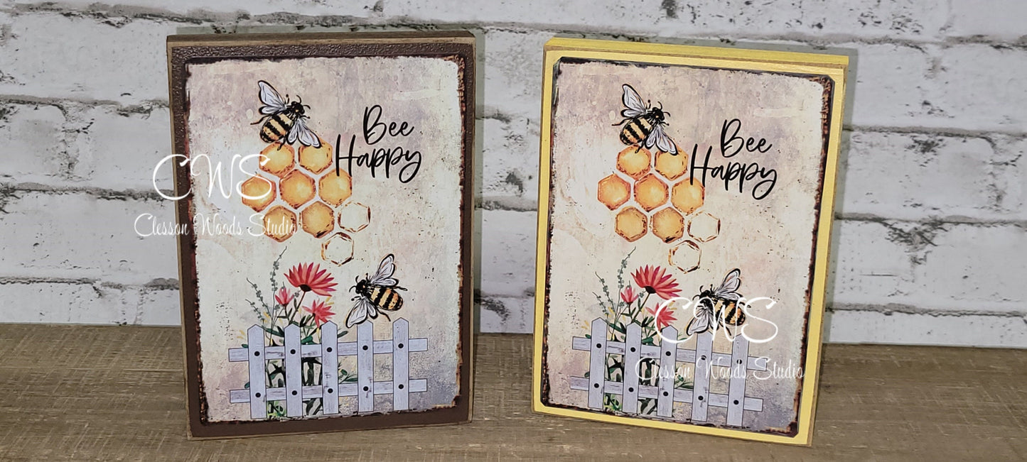 Bee Happy Sunflower and Bees Wood Sign