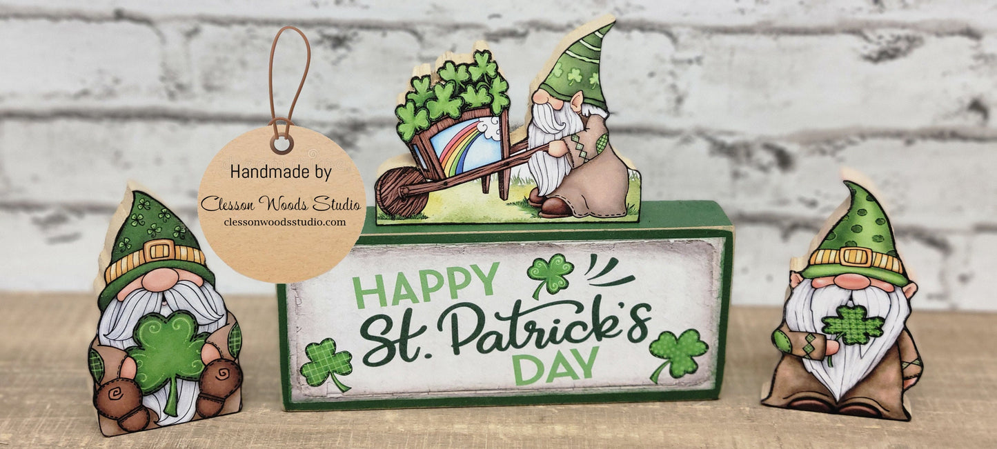Happy St Patrick's Day Gnome Leprechauns 4 Piece Wood Block Set