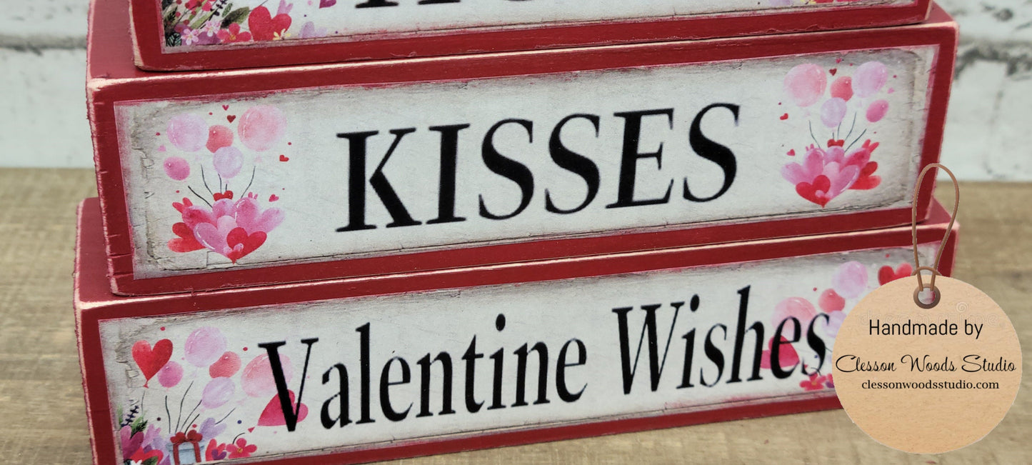 Hugs Kisses Valentine Wishes Red Wood Block Stack