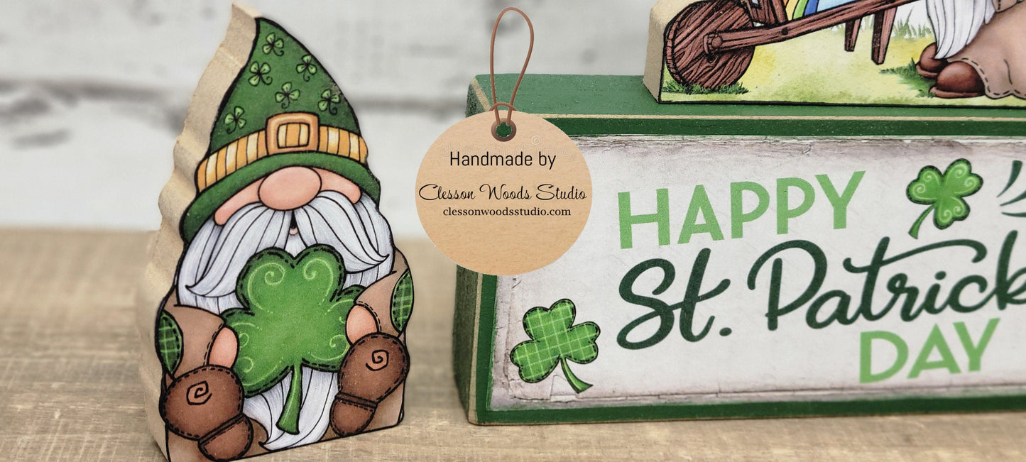 Happy St Patrick's Day Gnome Leprechauns 4 Piece Wood Block Set