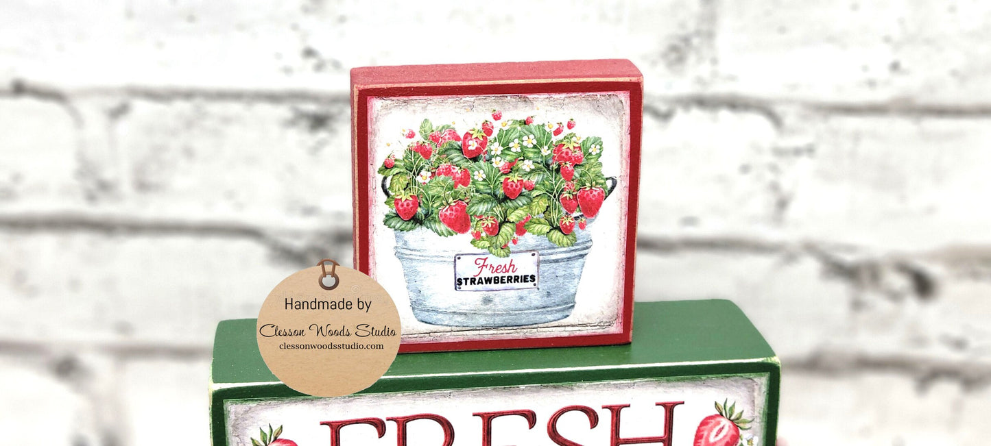 Fresh Strawberries 3 Piece Wood Block Stack
