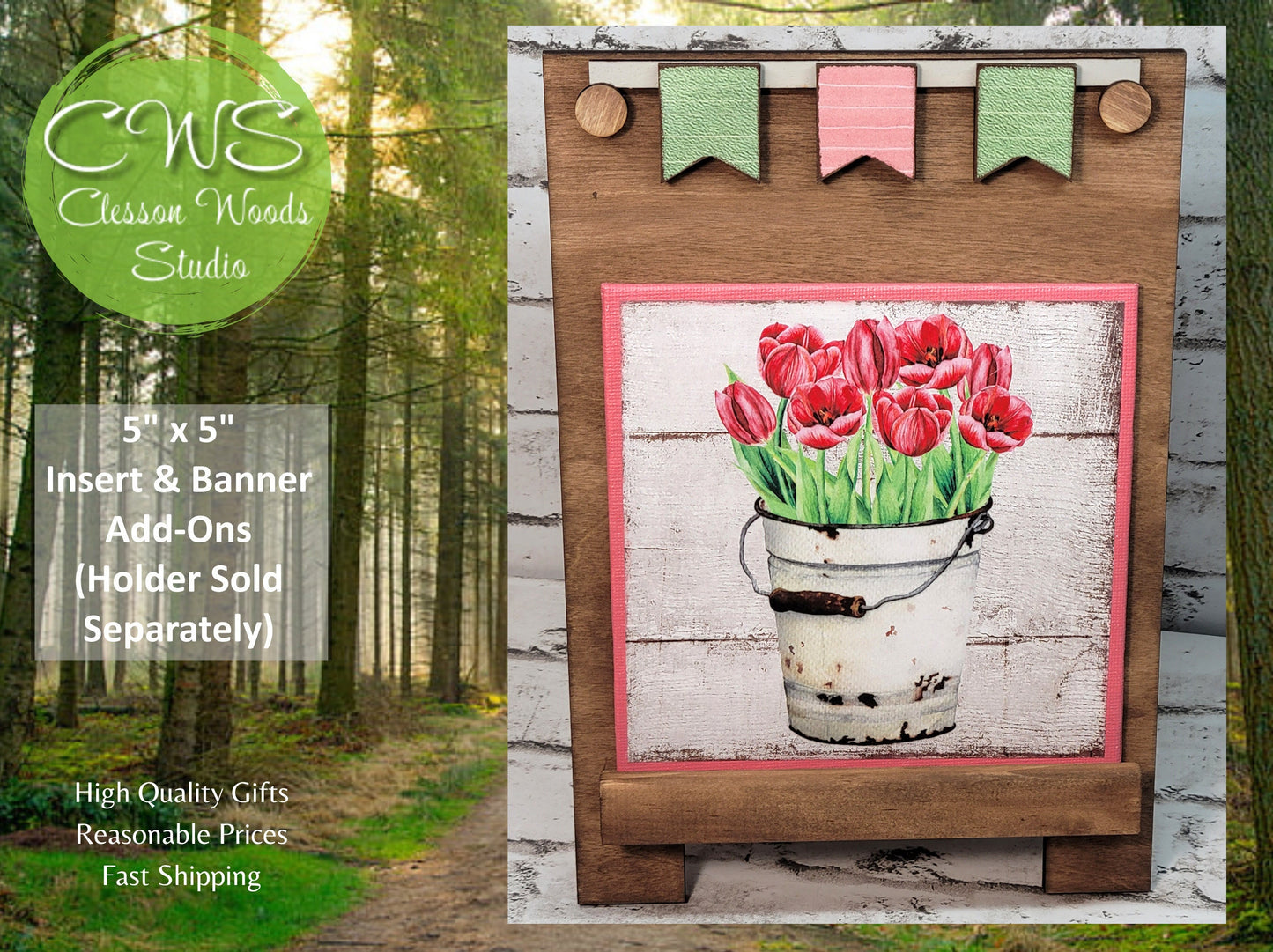 Tulips in White Metal Bucket Spring Insert and Banner Set