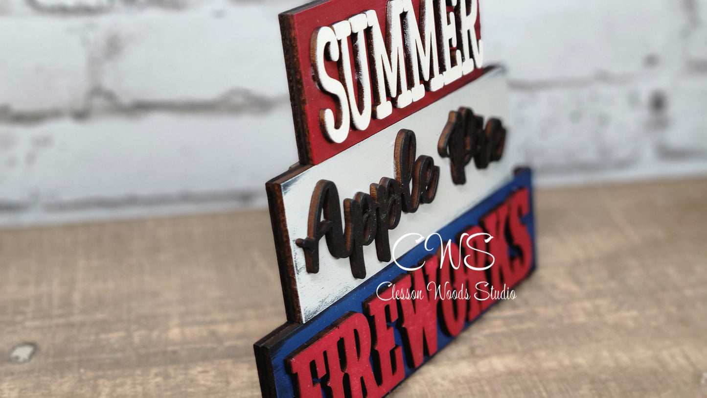 Summer Apple Pie Fireworks Mini Wood Word Block Sign