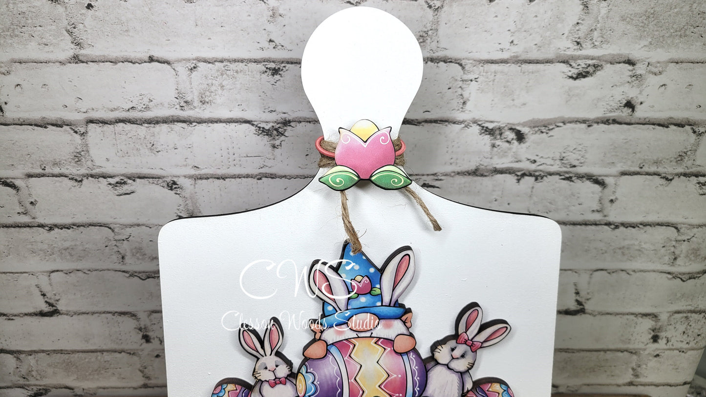Easter Bunny Gnome Digital Art and Hand Painted Bread Board Accents