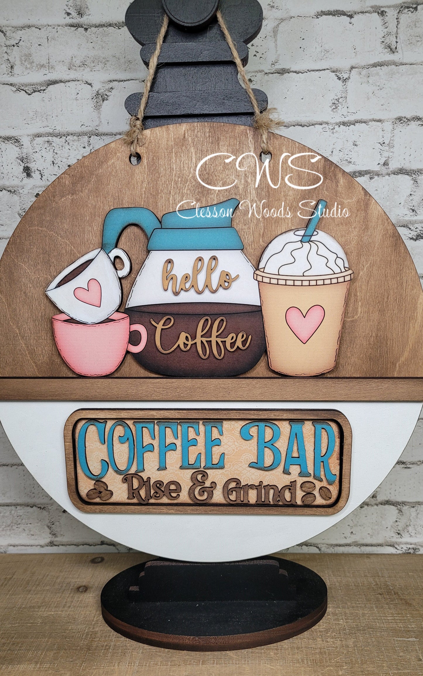 Coffee Bar Pink and Blue Rise and Grind Digital Art and Hand Painted 12" Door Hanger Insert
