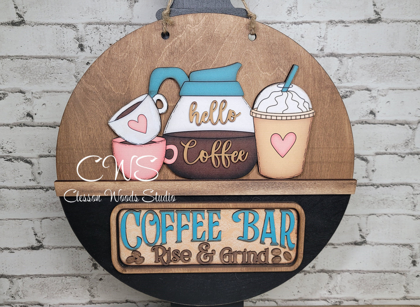 Coffee Bar Pink and Blue Rise and Grind Digital Art and Hand Painted 12" Door Hanger Insert