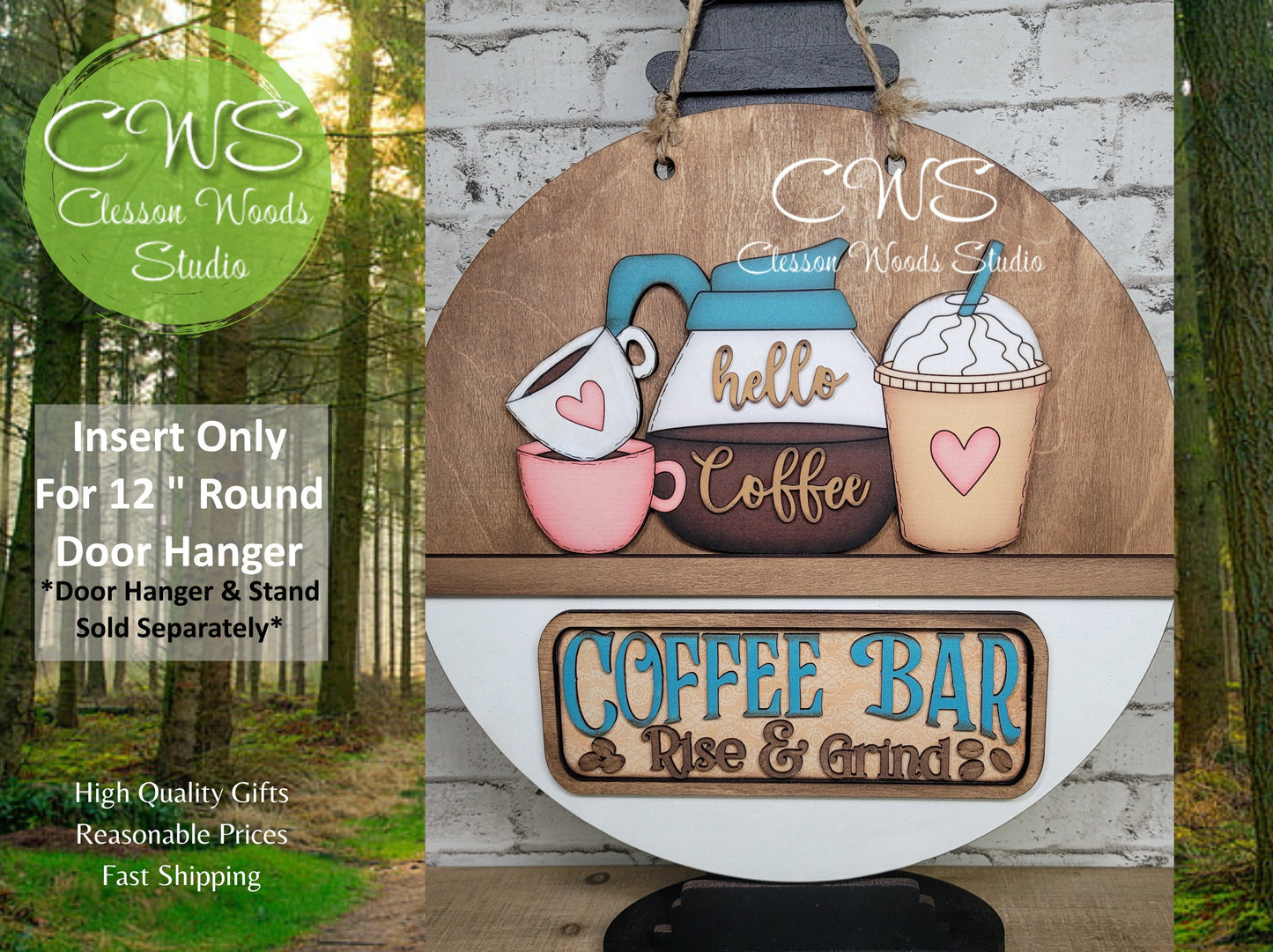 Coffee Bar Pink and Blue Rise and Grind Digital Art and Hand Painted 12" Door Hanger Insert