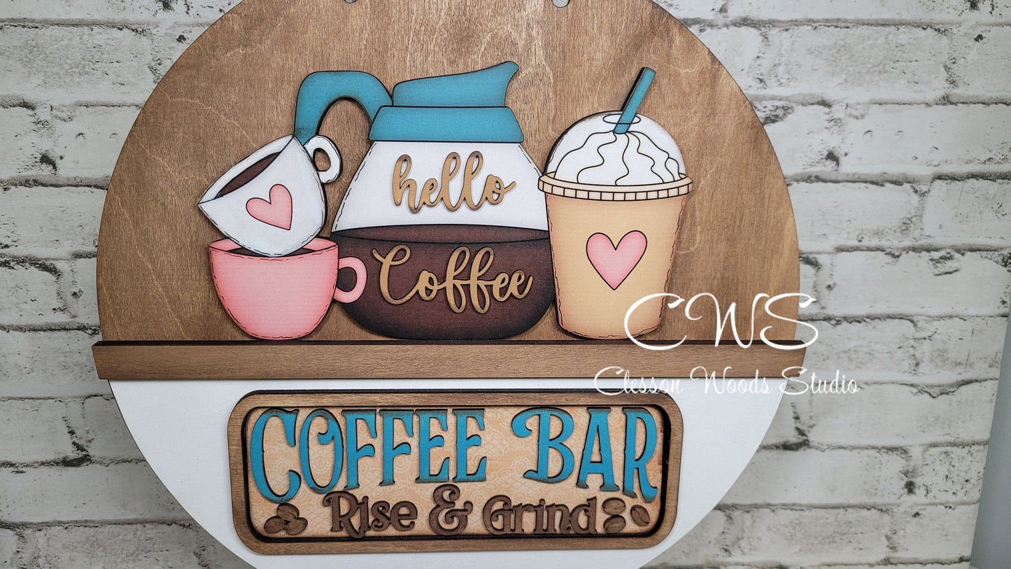 Coffee Bar Pink and Blue Rise and Grind Digital Art and Hand Painted 12" Door Hanger Insert