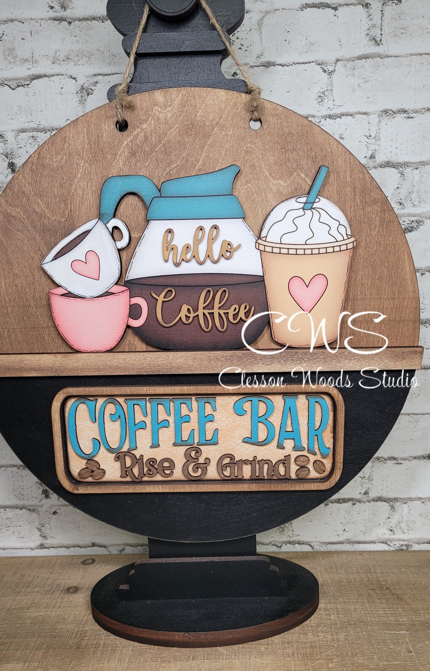 Coffee Bar Pink and Blue Rise and Grind Digital Art and Hand Painted 12" Door Hanger Insert