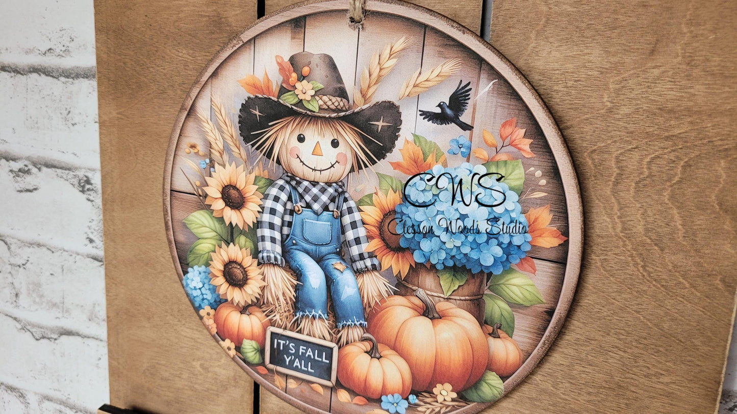 Fall Pallet Sign Add-On: Scarecrow, Pumpkins & Sunflowers (6" Round)