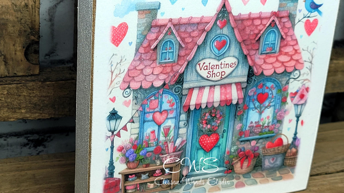 Valentine Shops 3 Square Wood Block Sign