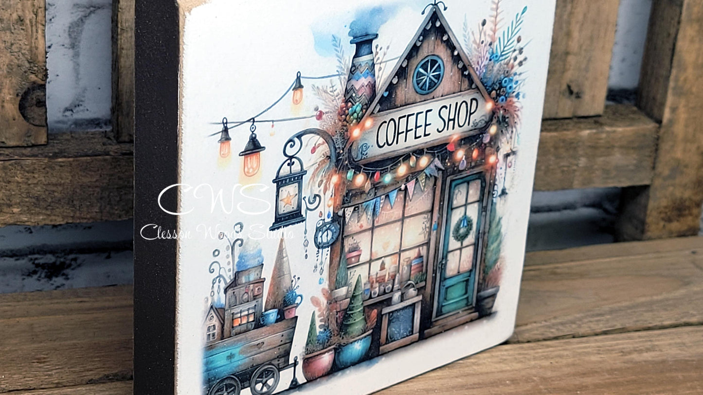 Coffee Shop 5 Square Wood Block Sign