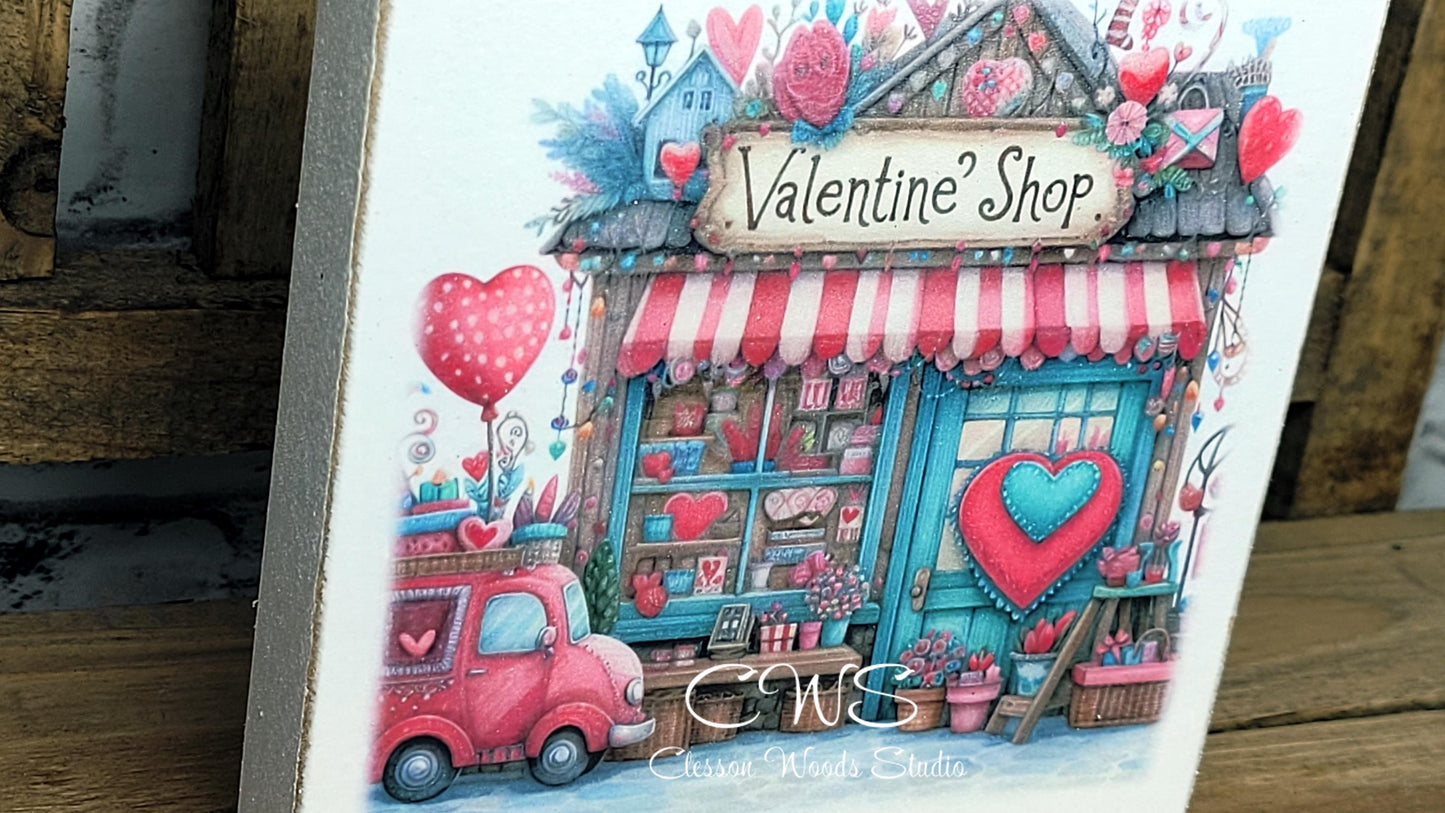 Valentine Shops 1 Square Wood Block Sign