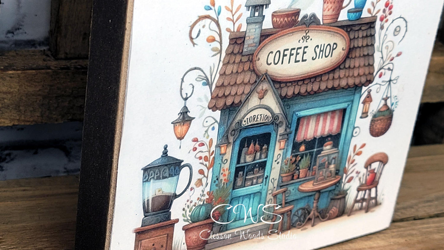 Coffee Shop 2 Square Wood Block Sign