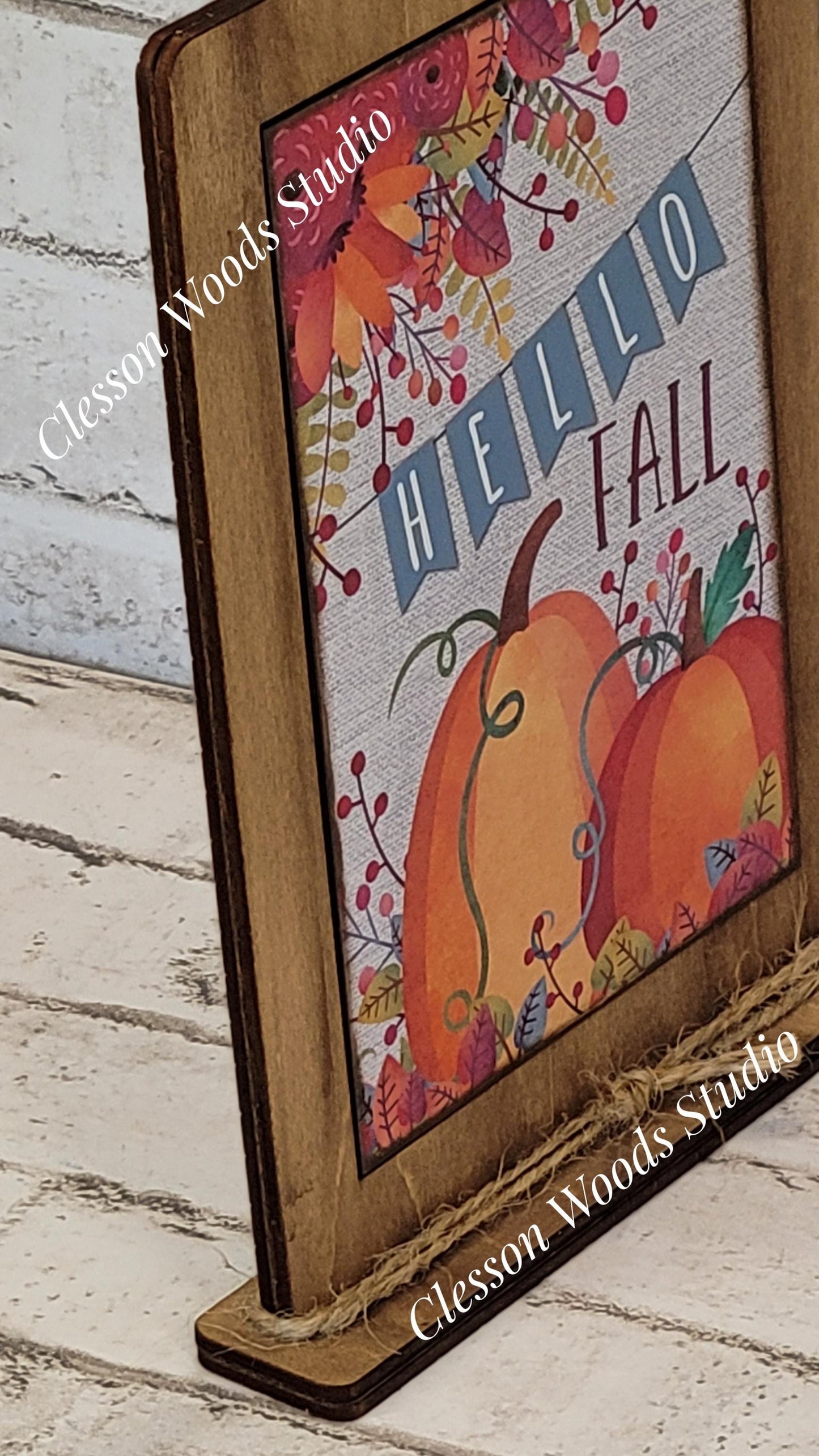 Hello Fall Bright Pumpkins Framed Art with Attached Stand