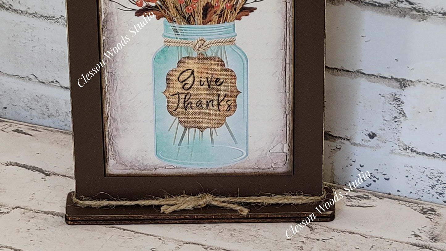 Give Thanks Turkey Mason Jar Framed Art with Attached Stand
