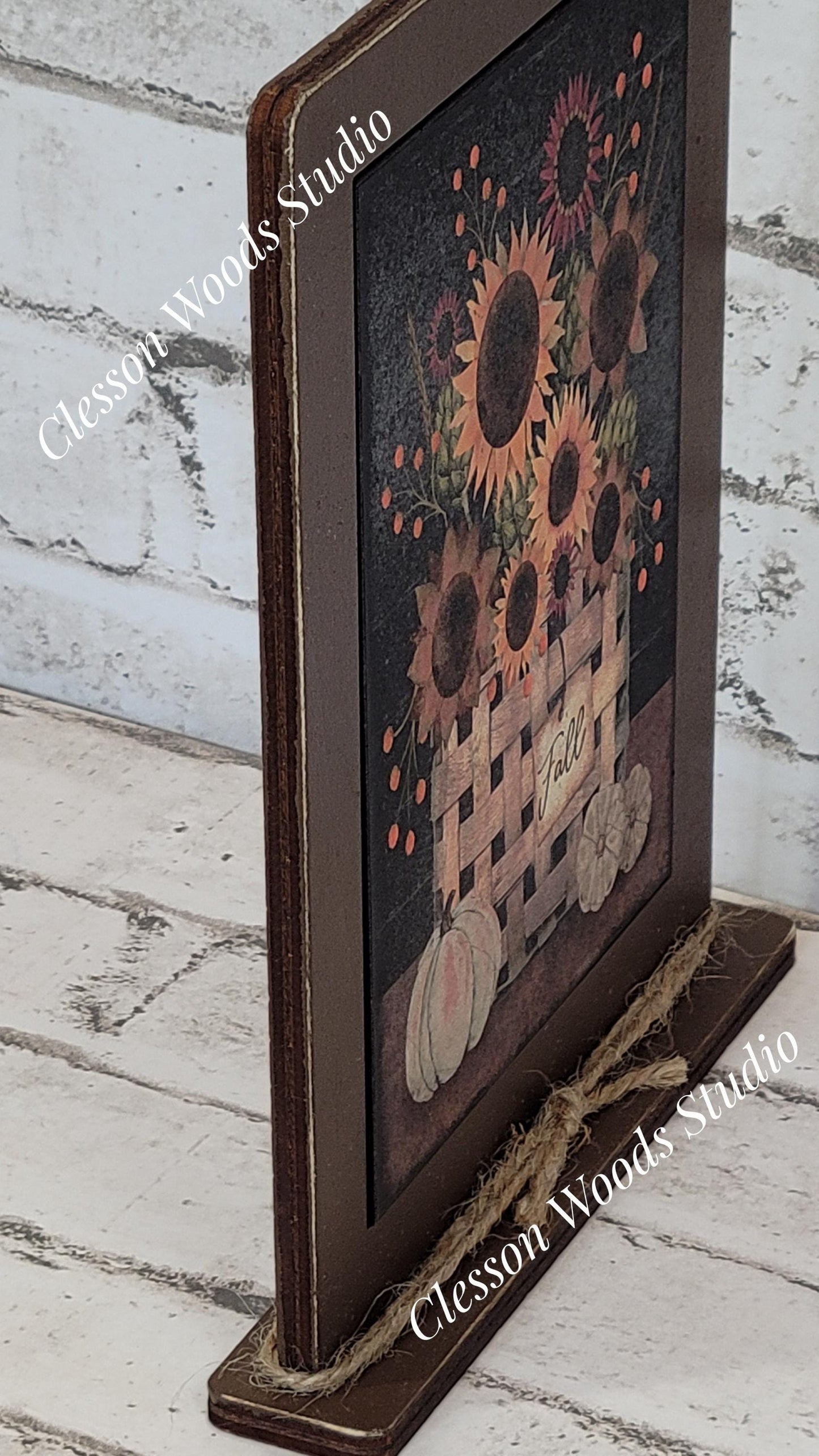 Primitive Fall Basket of Flowers Framed Art with Attached Stand