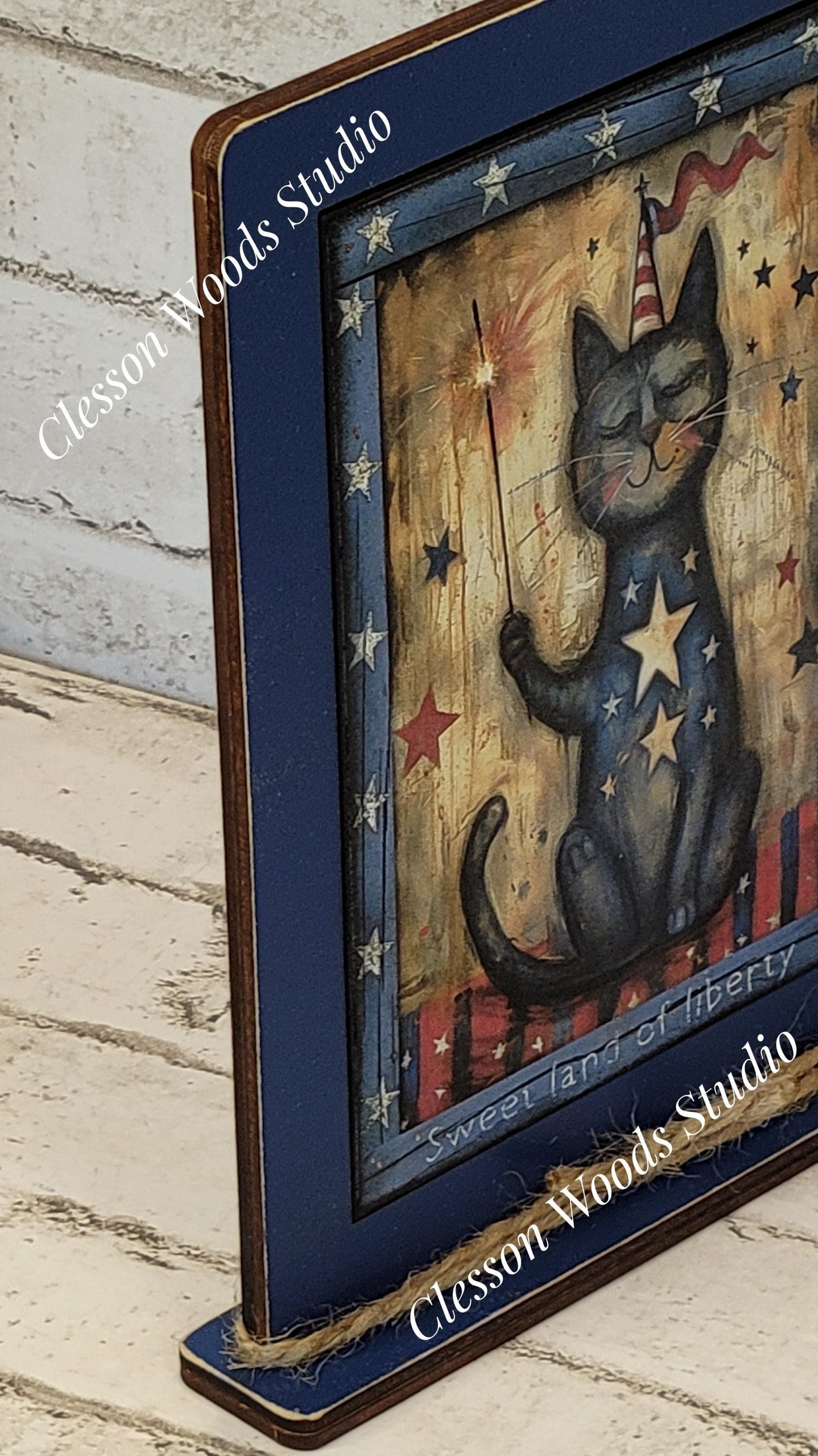 Primitive July Americana Cat Framed Art with Attached Stand