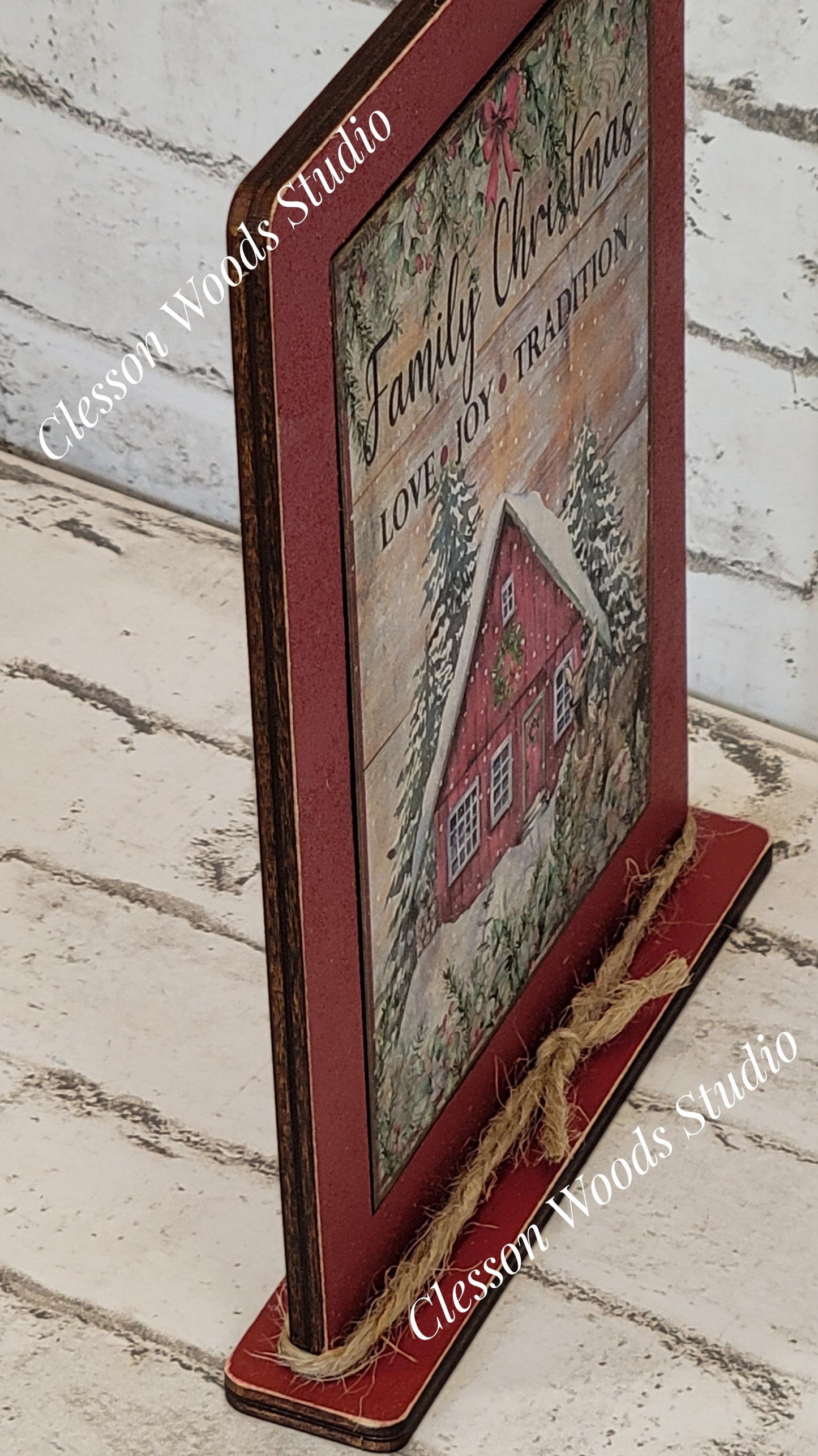 Family Christmas Love Joy Tradition Framed Art with Attached Stand