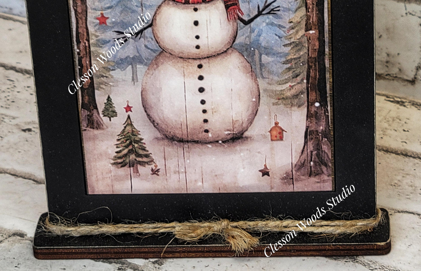 Primitive Snowman Trees Birdhouse Framed Art with Attached Stand