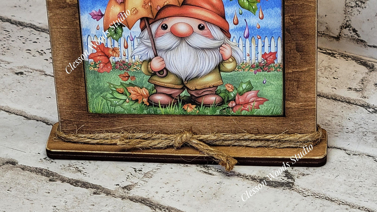 Fall Gnome With Umbrella Framed Art Wood Sign