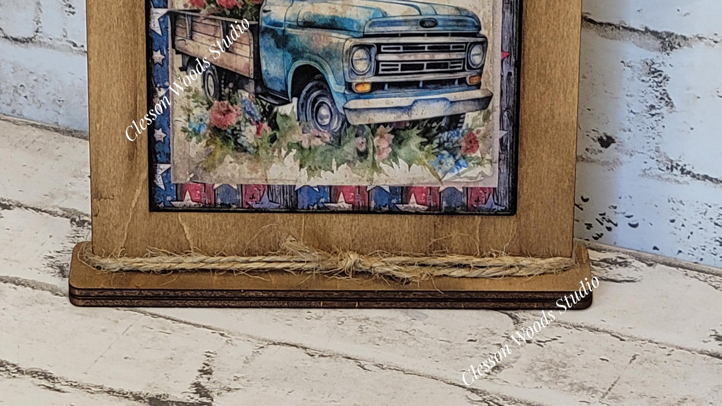 American Vintage Blue Truck Framed Art with Attached Stand