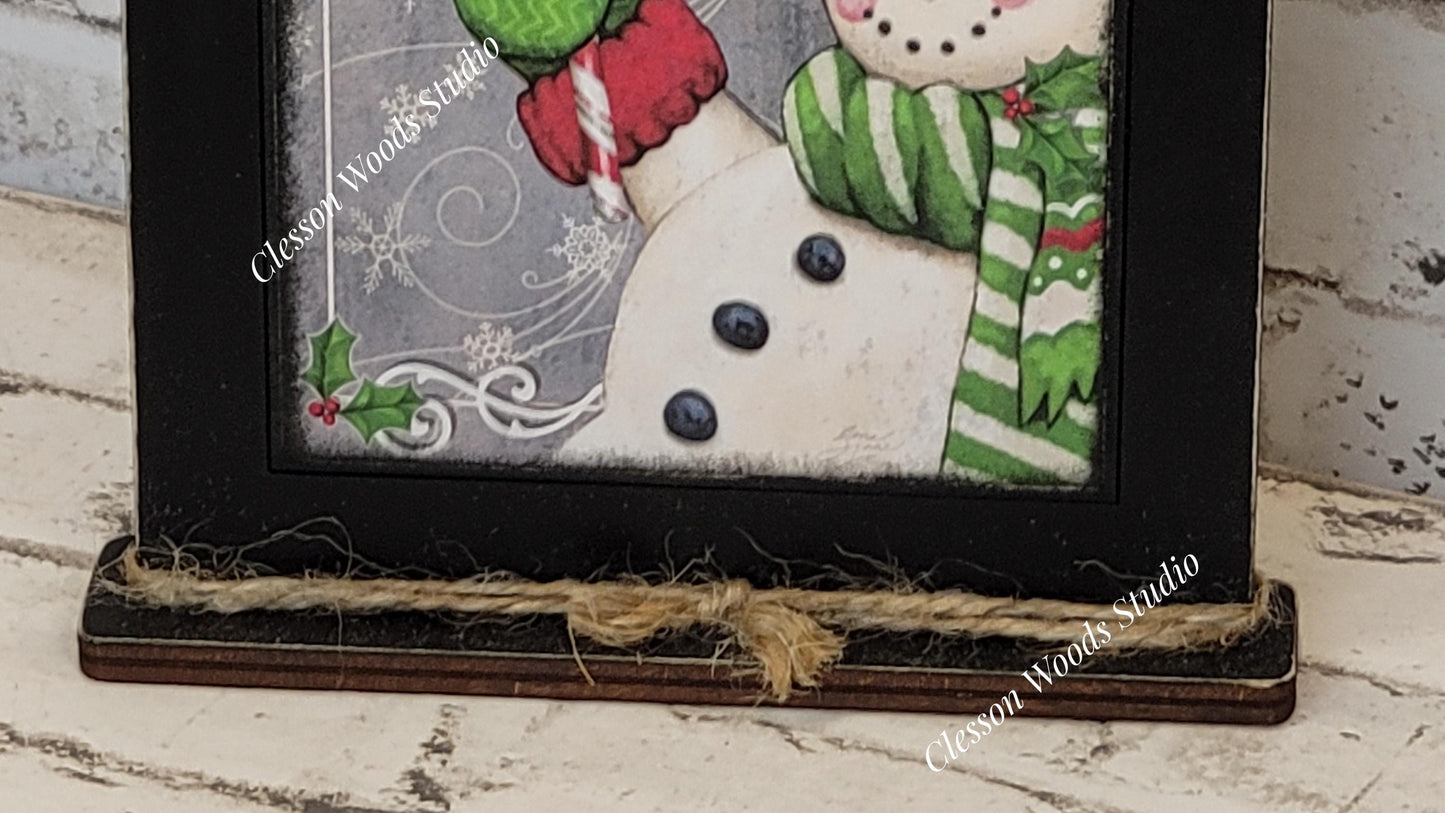 Jingle All The Way Snowman With Candy Cane Framed Art with Attached Stand