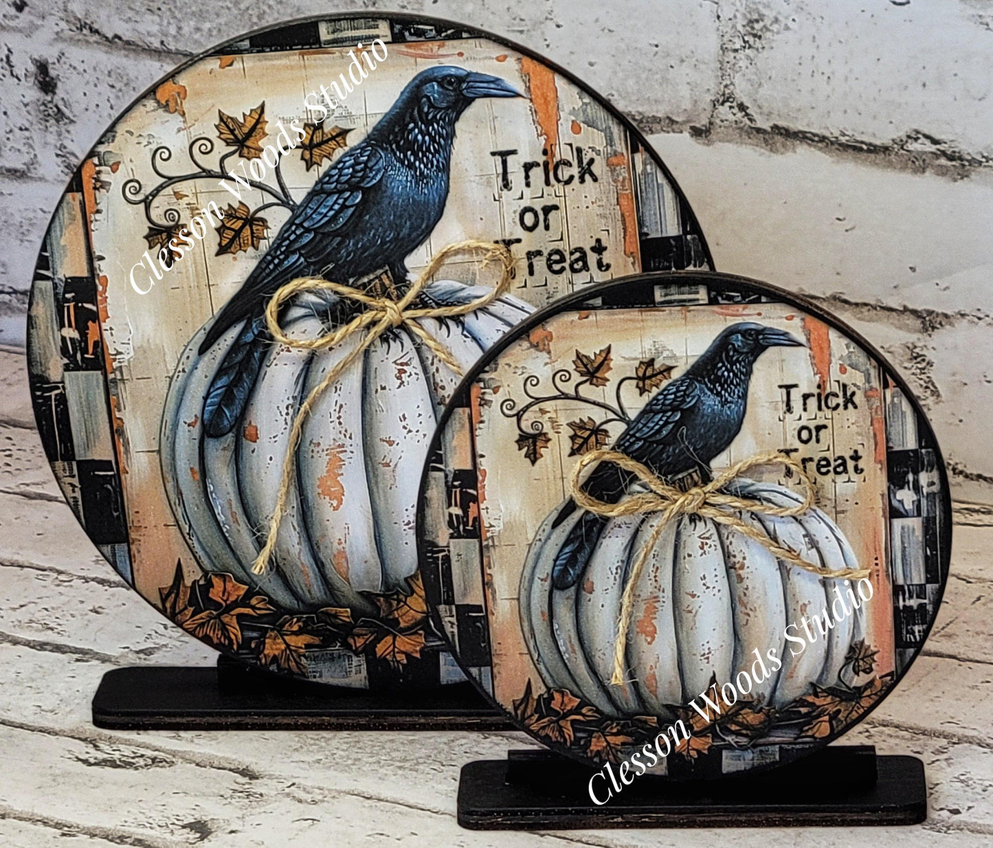 Primitive Halloween Crow White Pumpkin Round Wood Shelf Sitter 6" or 4.25"
