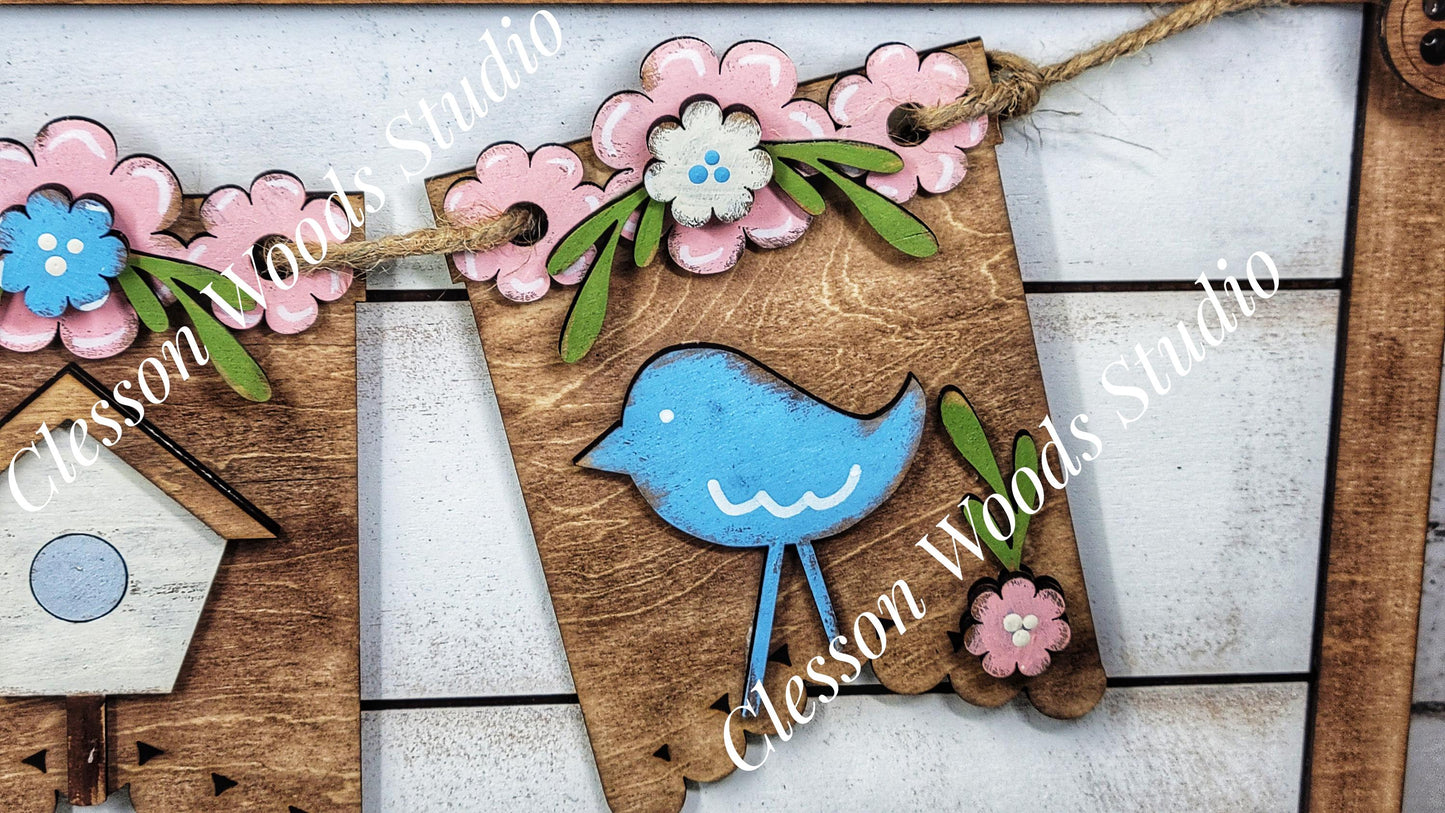 Spring Birdhouse Bluebird- Seasonal Interchangeable Banner Set for Fence & Framed Welcome and Hello Signs