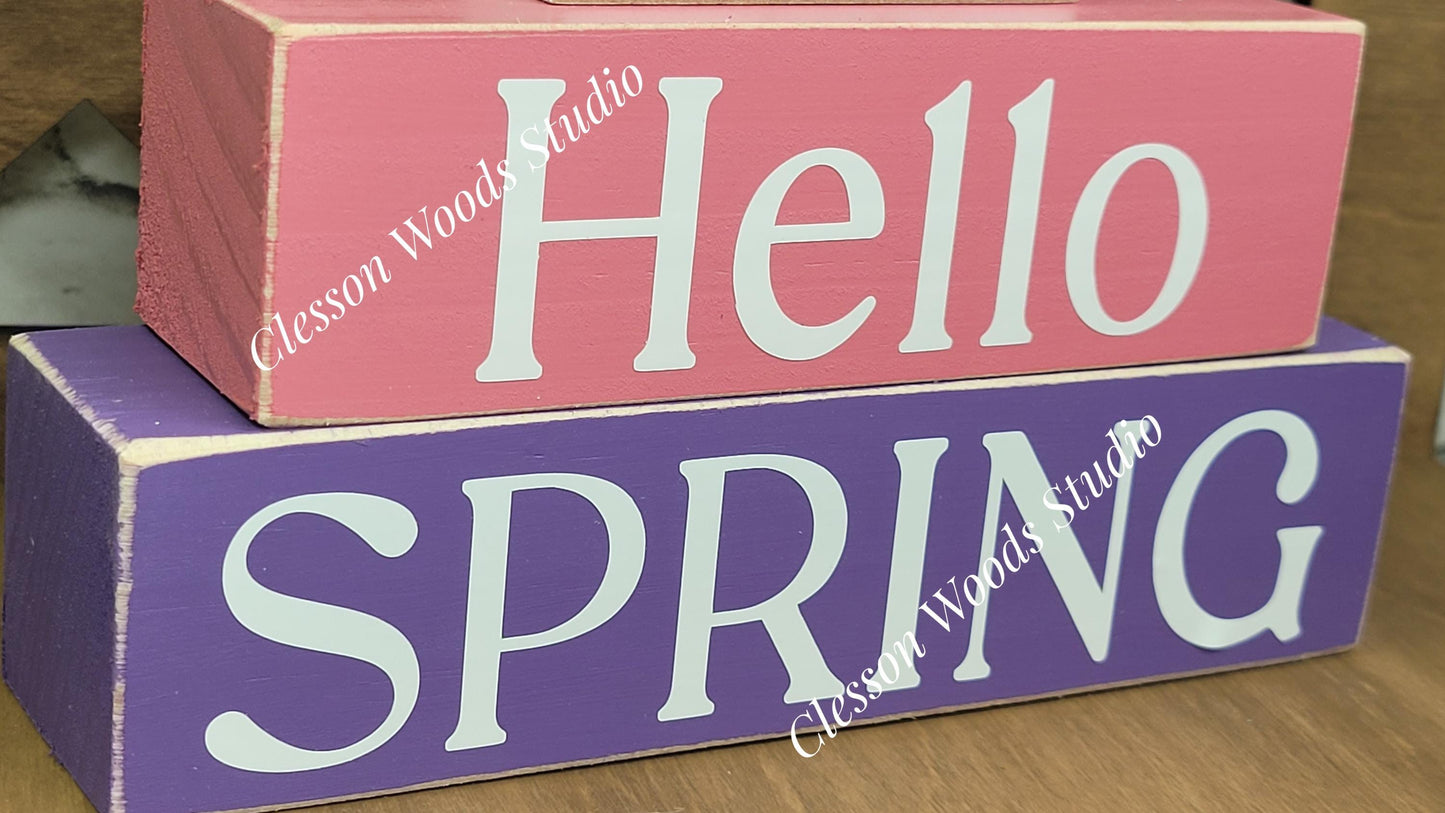 Hello Spring Wood Block Stack Pink Basket of Flowers
