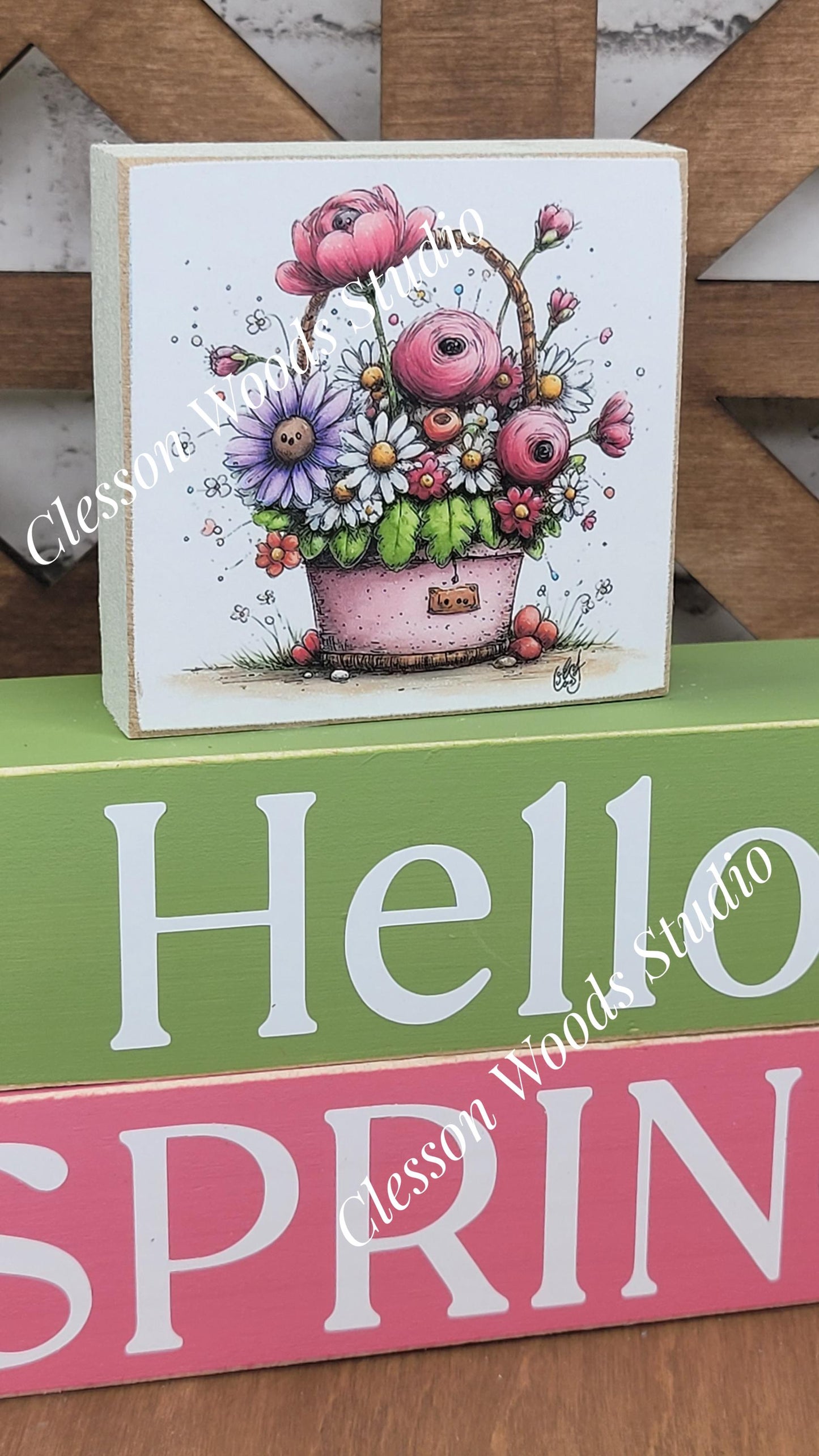 Hello Spring Wood Block Stack Flowers Pink Basket
