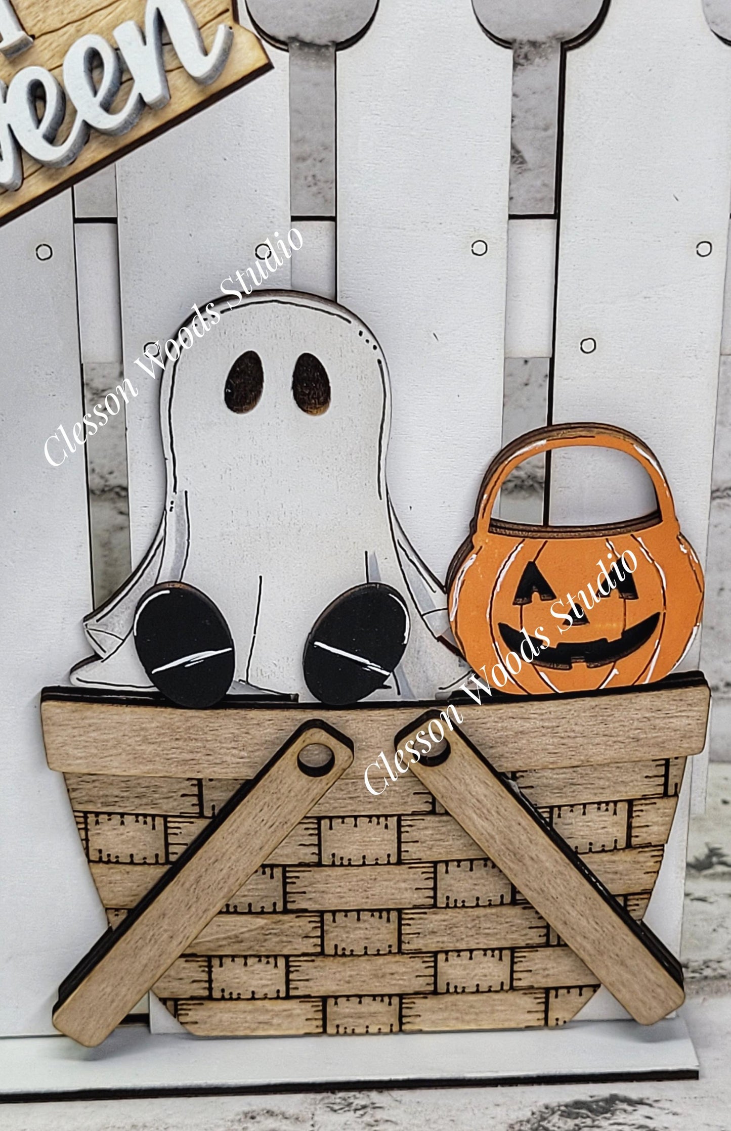 Hand-Painted Tiny Fence Basket Set – Halloween Ghost Pumpkin Decor