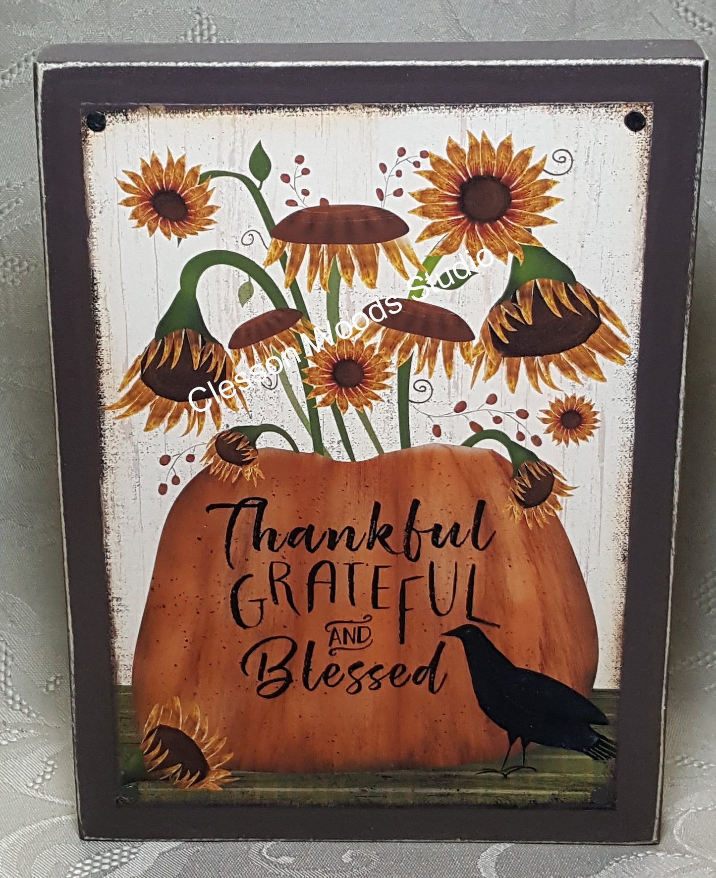 Thankful Grateful Blessed Pumpkin Wood Block Sign