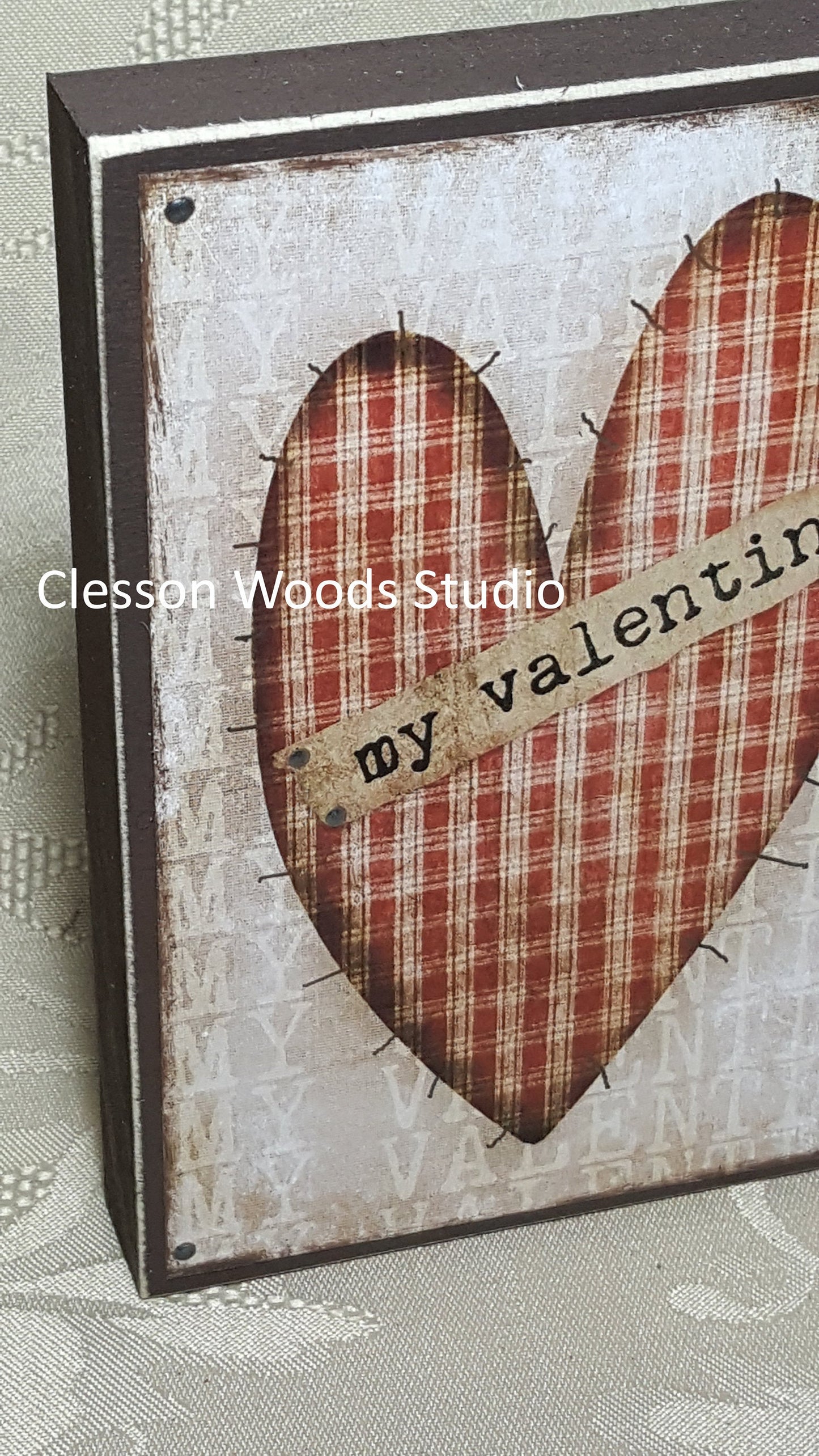 My Valentine Plaid Heart Small Wood Block Sign