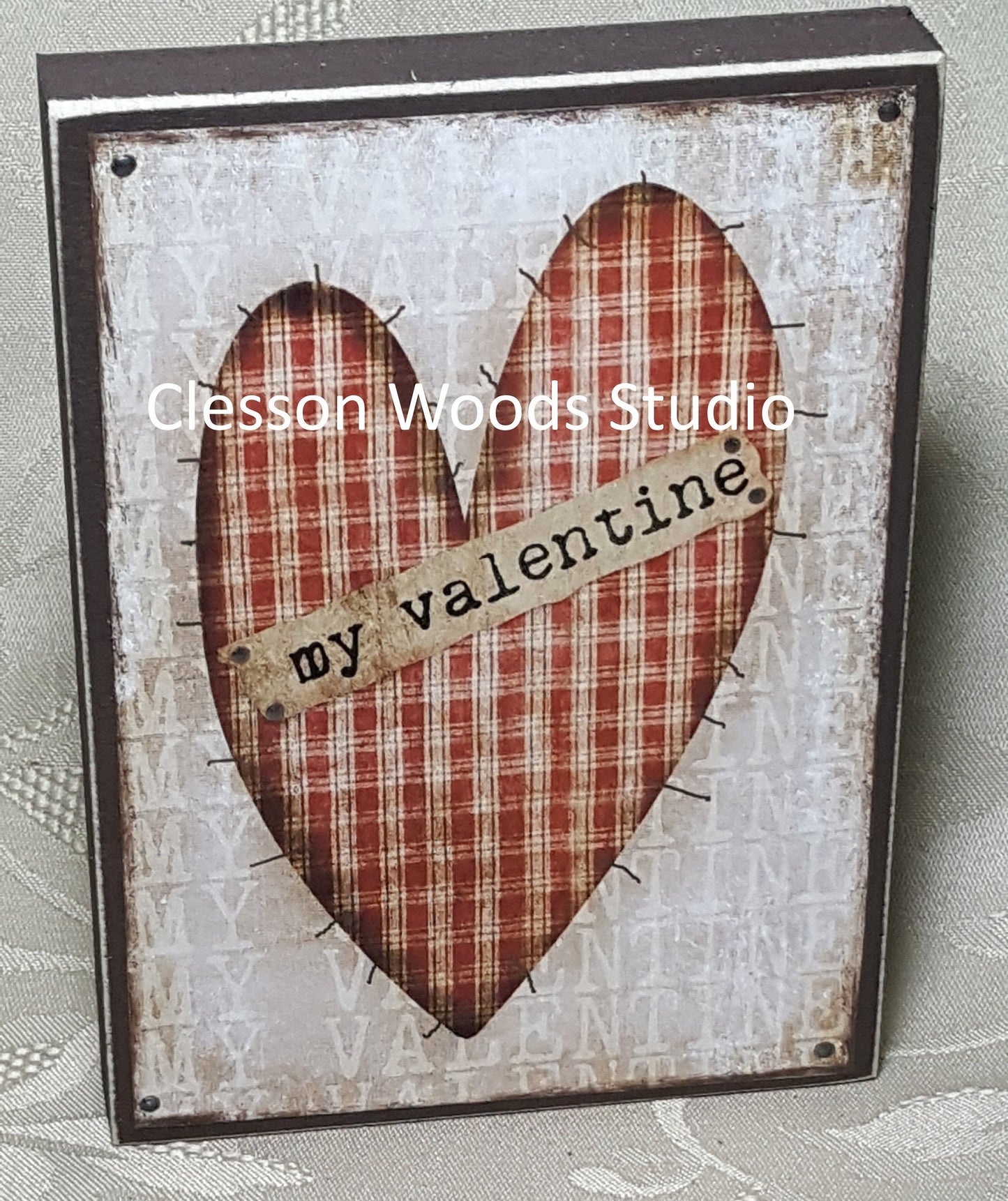 My Valentine Plaid Heart Small Wood Block Sign