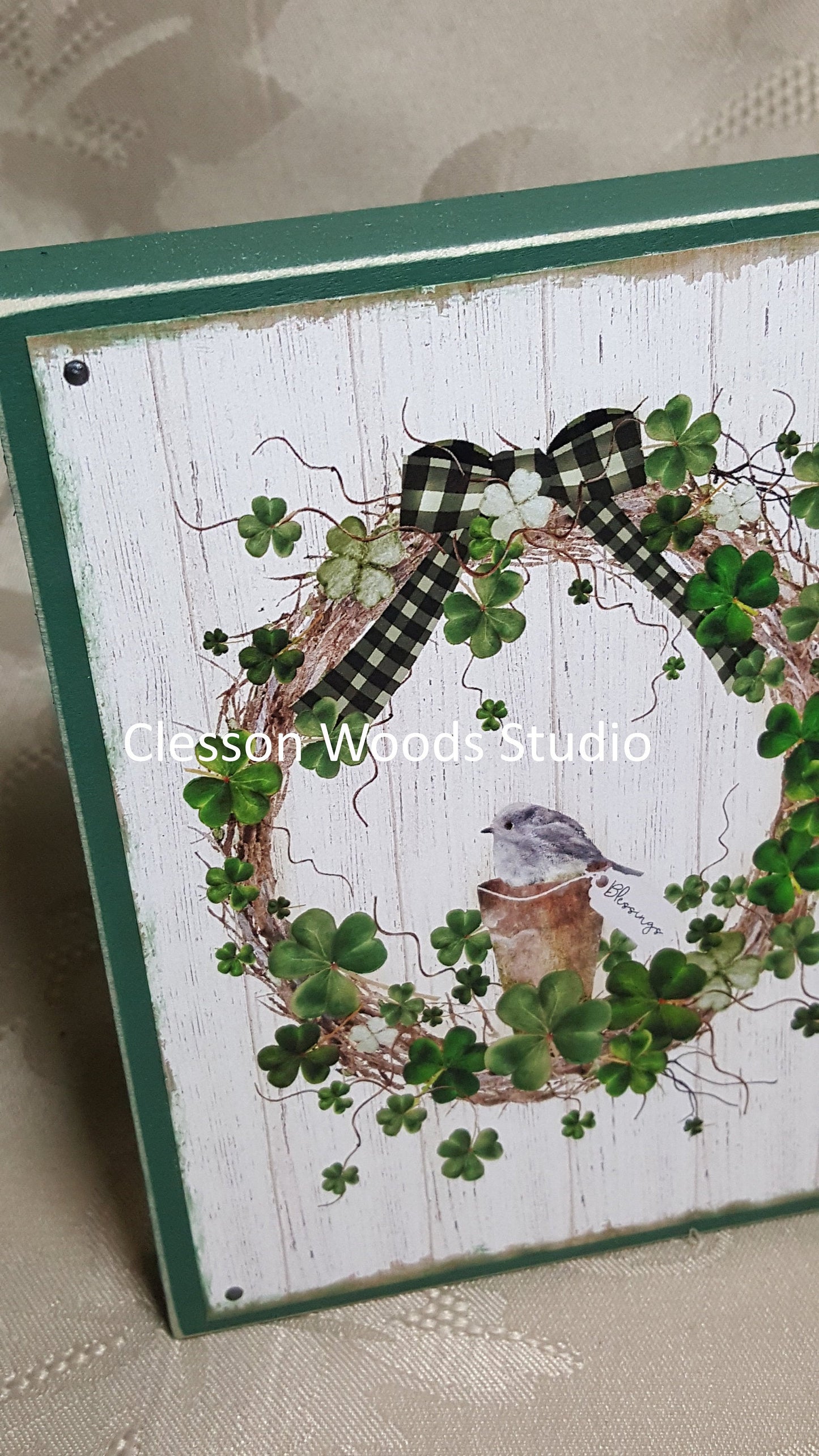St Patrick's Day Wreath Small Wood Block Sign