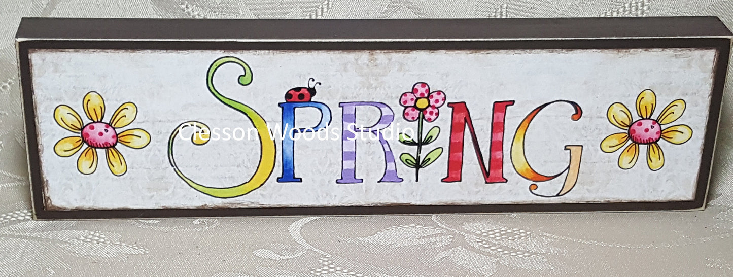 Spring With Flowers Wood Sign (Brown)