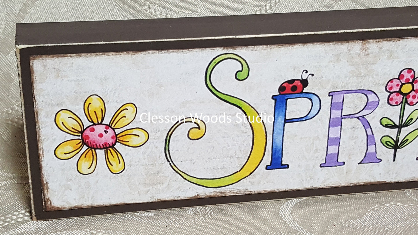 Spring With Flowers Wood Sign (Brown)
