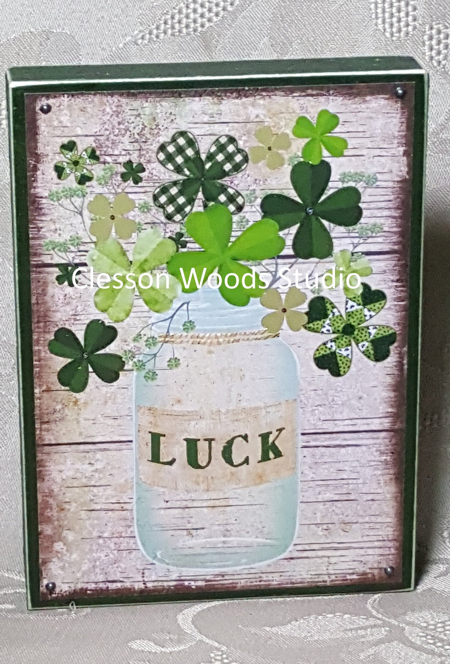 St. Patrick's Clover Mason Jar Wood Block Sign