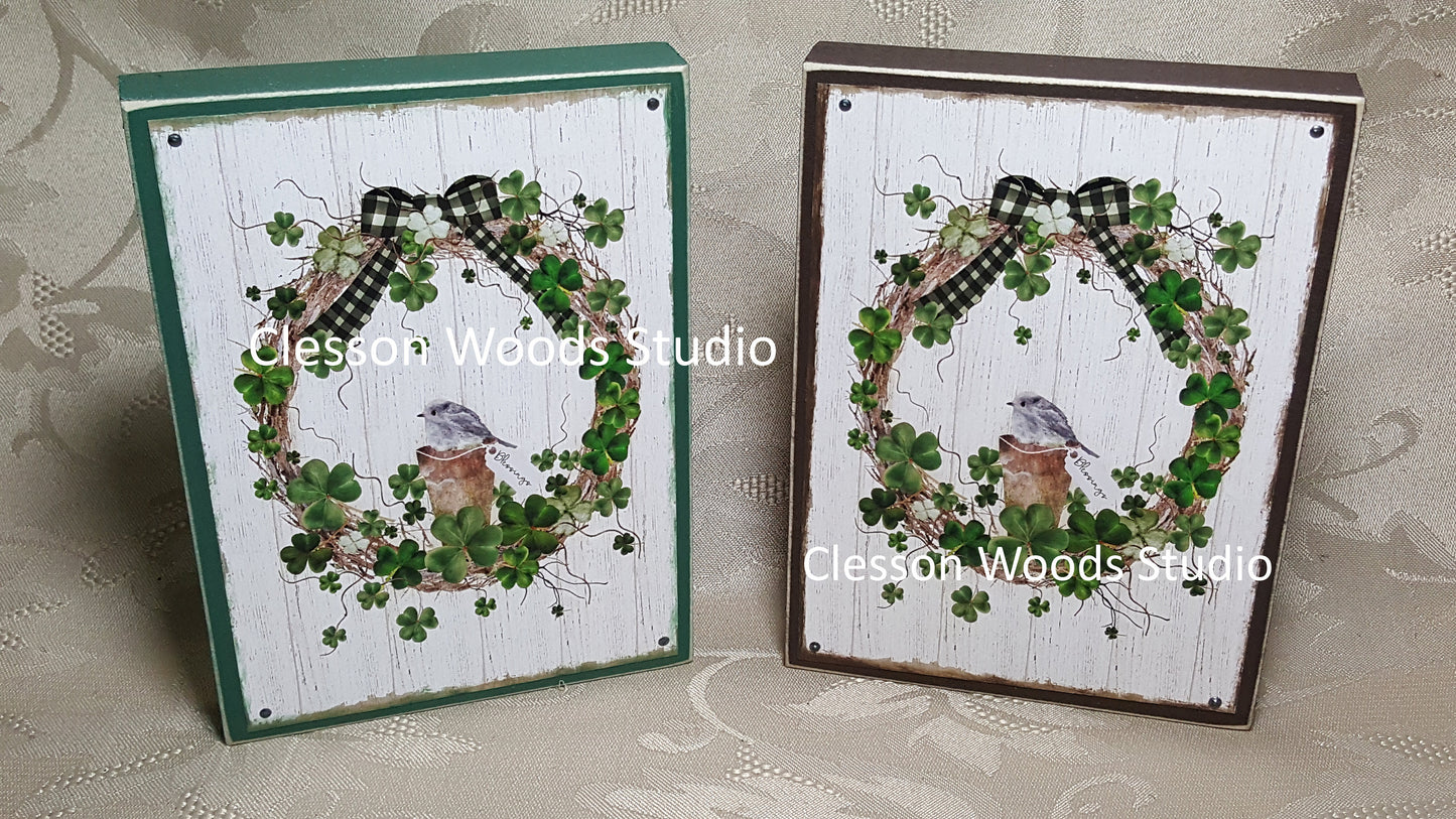 St Patrick's Day Wreath Small Wood Block Sign
