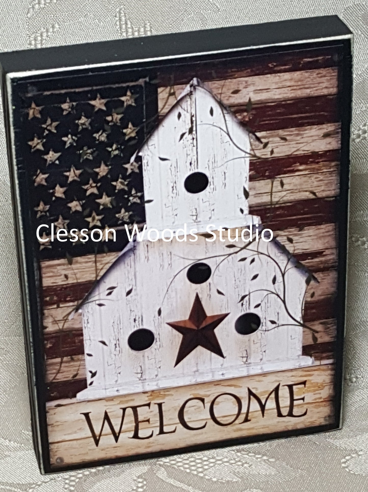 Welcome Birdhouse Americana Wood Block Sign