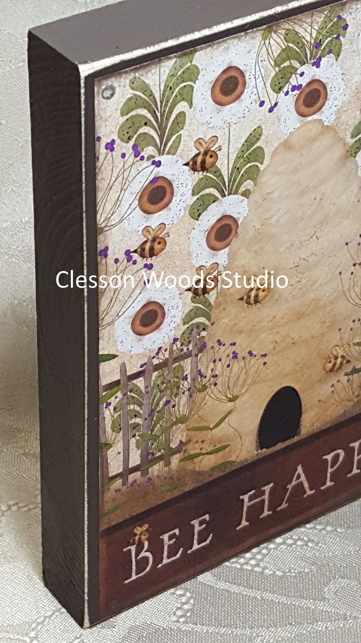 Bee Happy Beehive and Flowers Small Wood Block Sign