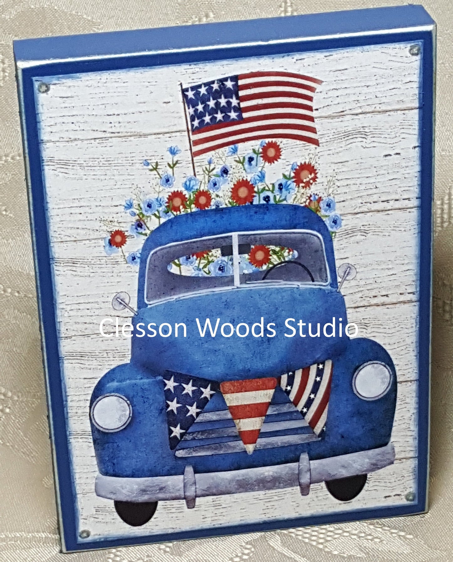 Patriotic Blue Truck Small Wood Block Sign (Blue)