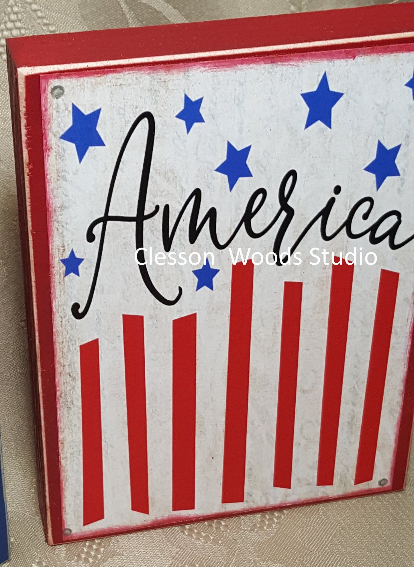 America Flag Patriotic small wood block sign
